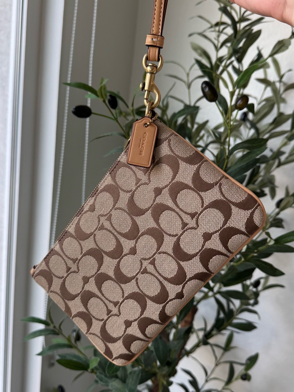 Coach Brown Essential Wristlet In Signature Jacquard with Leather Trim
